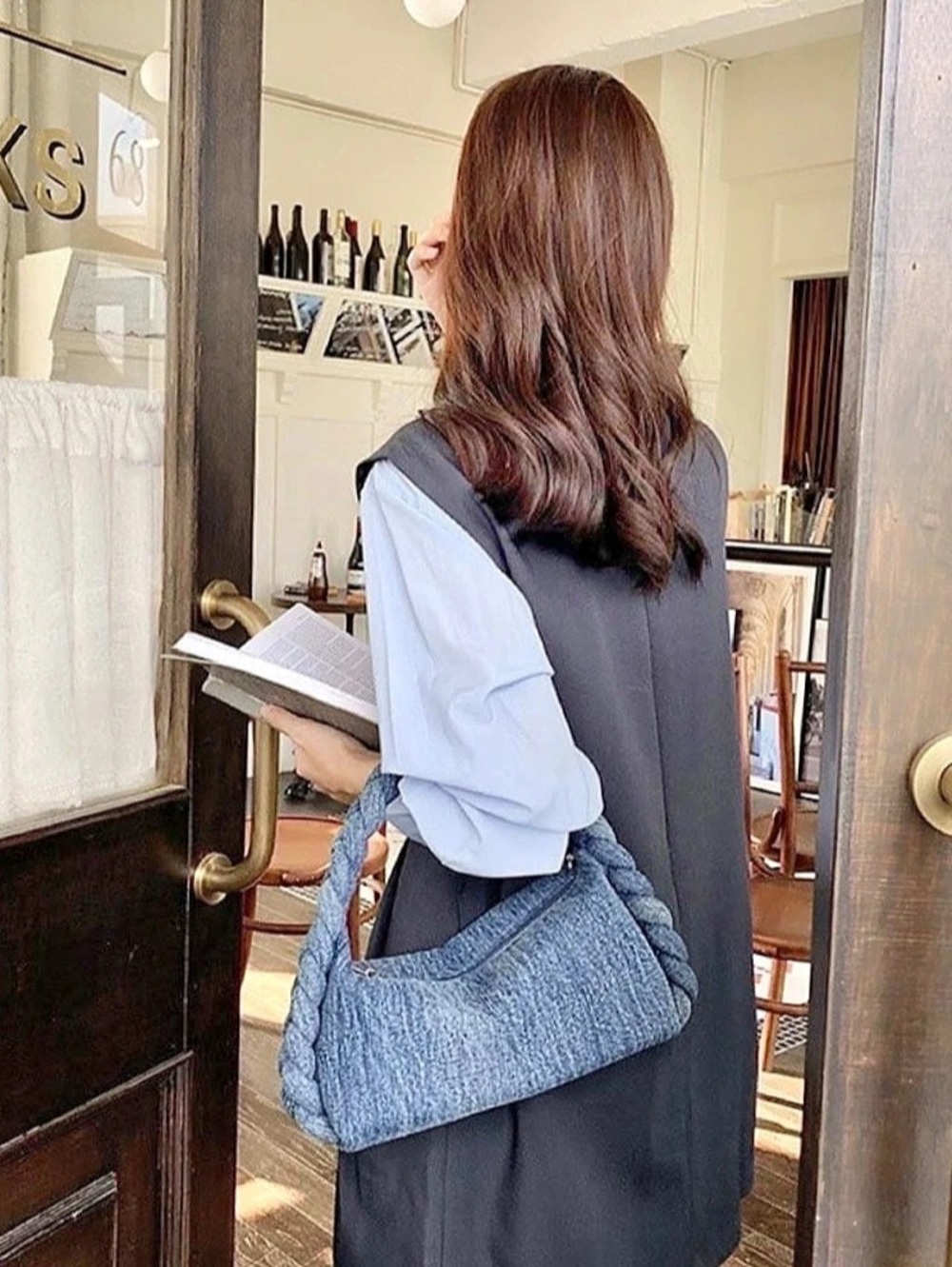 Blue Braided vintage canvaHandle Shoulder Bag with chain